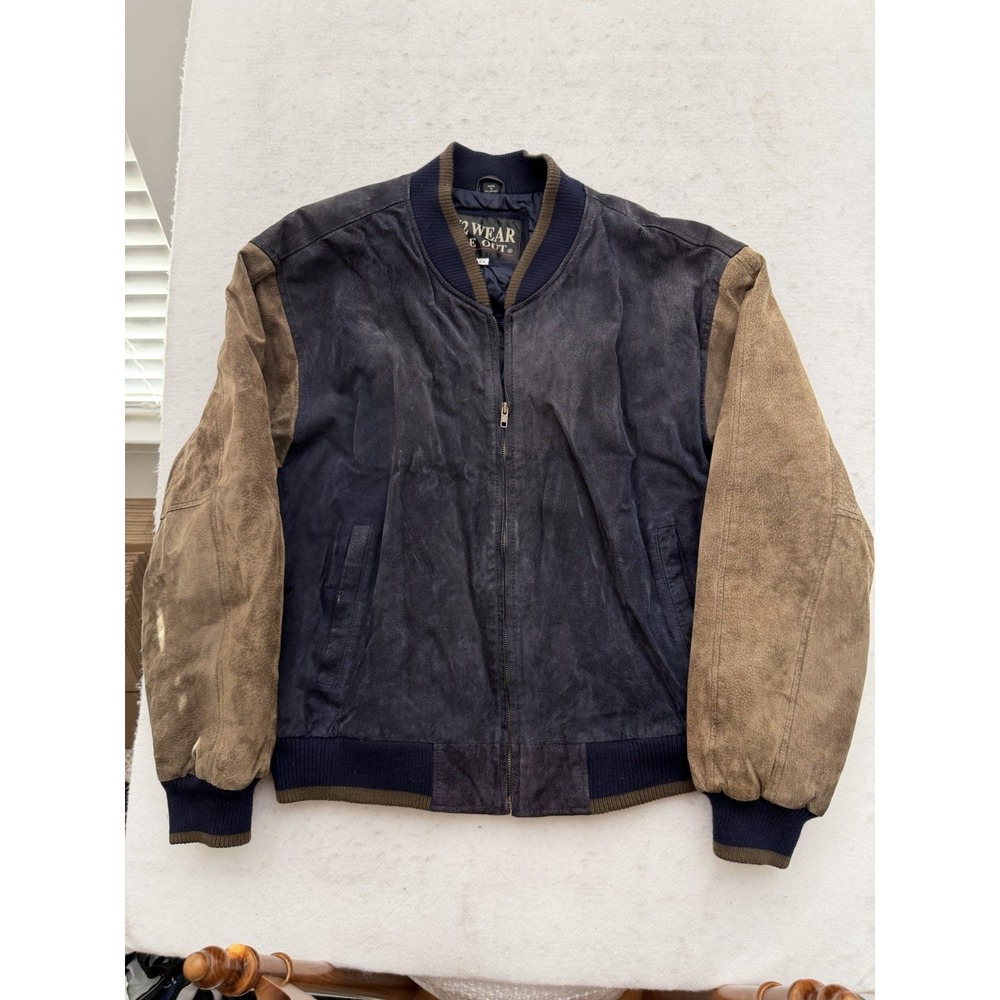 Vintage Suede Leather Bomber Jacket Mens 2XL Blue Brown Quilted Coat 90s AMAZING
